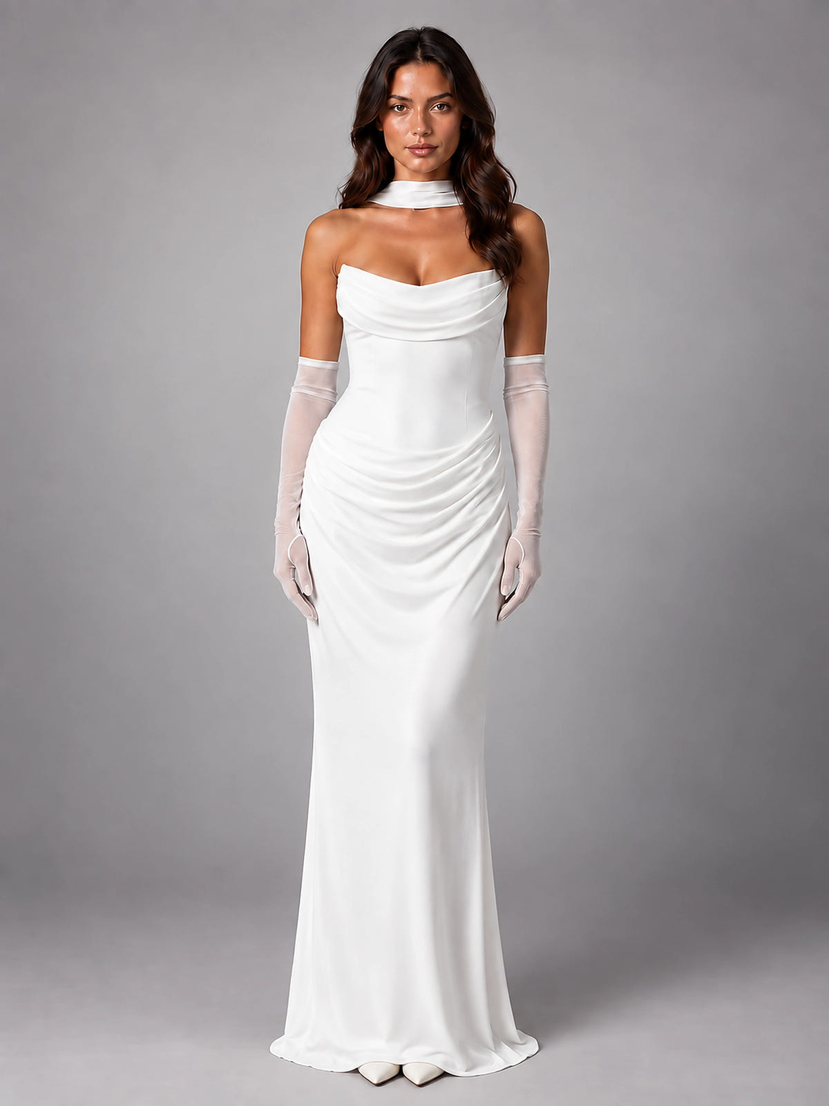 Women's Satin Evening Gown – Cowl Neck with Matching Gloves - White