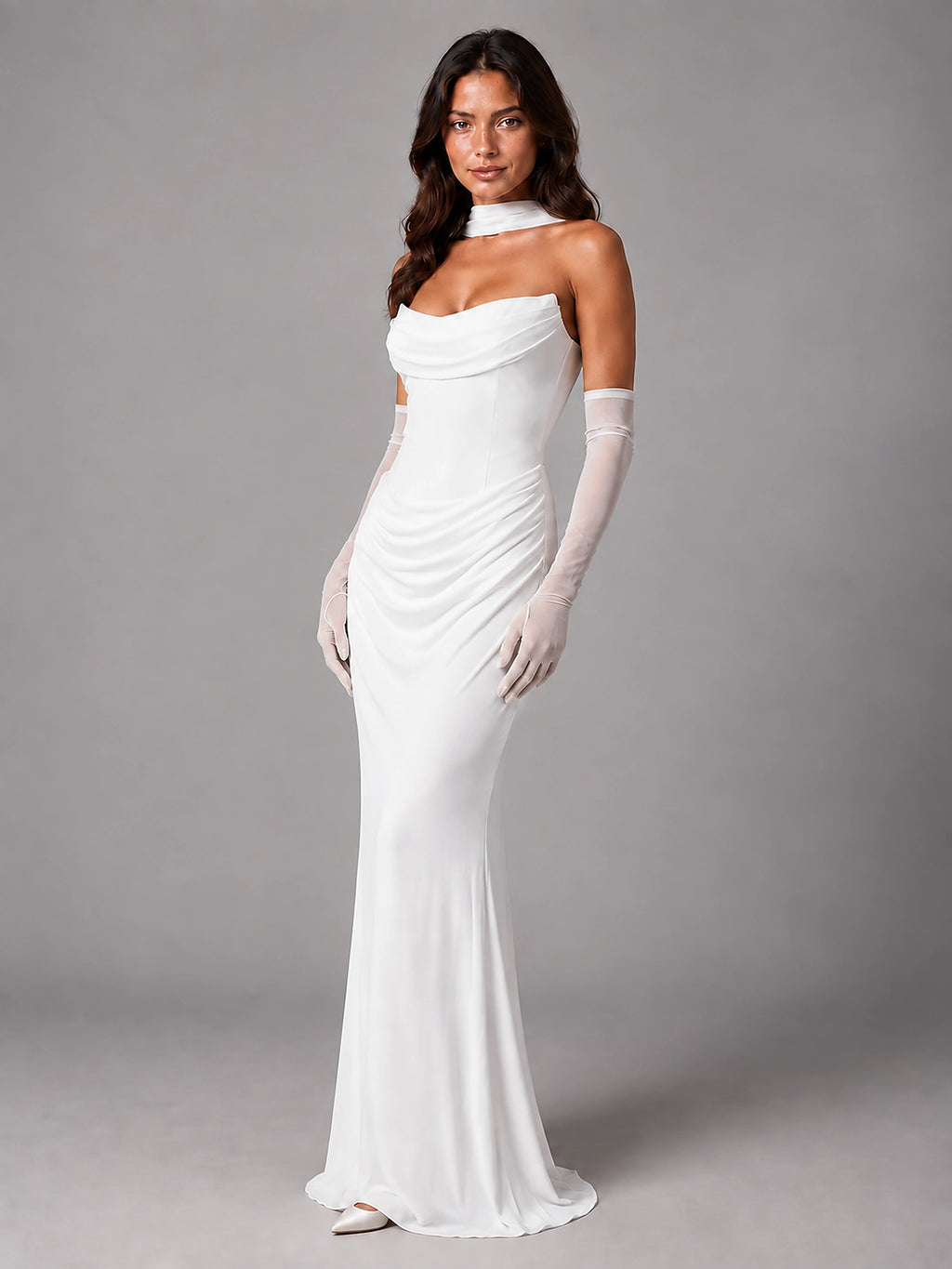 Women's Satin Evening Gown – Cowl Neck with Matching Gloves - White