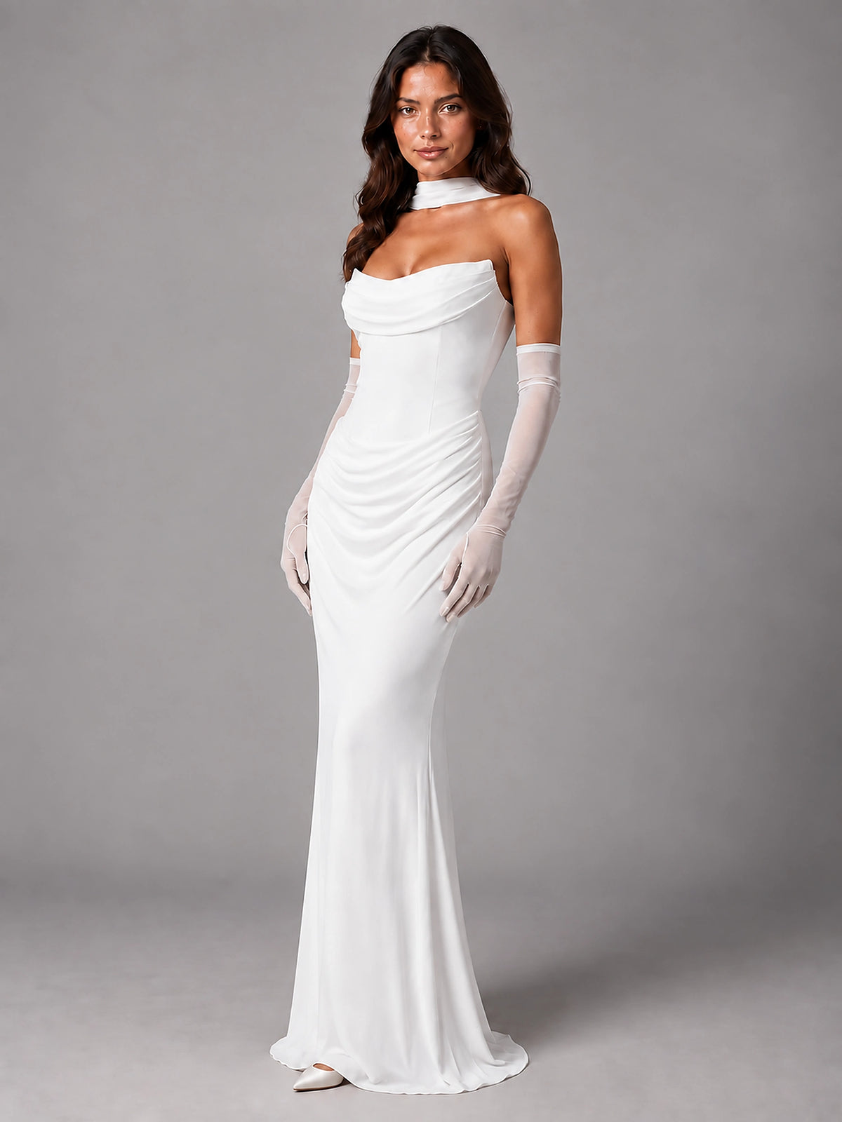 Women's Satin Evening Gown – Cowl Neck with Matching Gloves - White