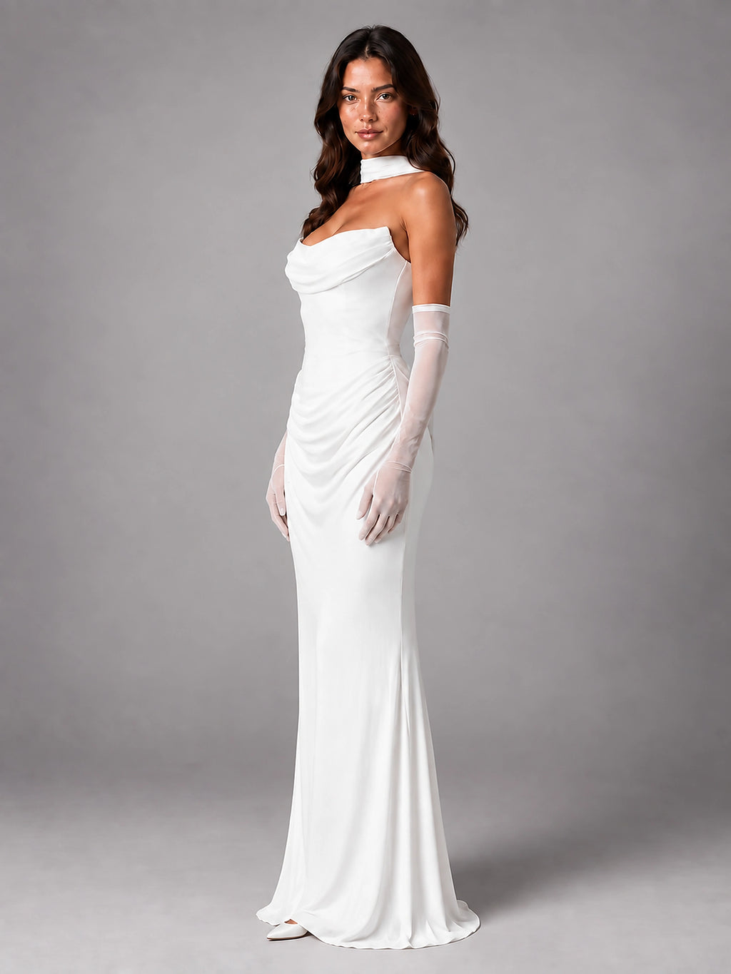 Women's Satin Evening Gown – Cowl Neck with Matching Gloves - White