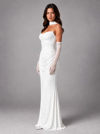 Women's Satin Evening Gown – Cowl Neck with Matching Gloves - White