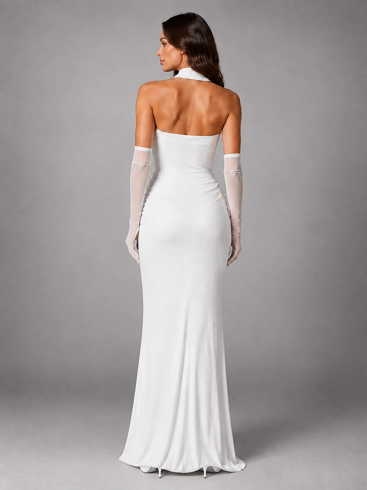 Women's Satin Evening Gown – Cowl Neck with Matching Gloves - White