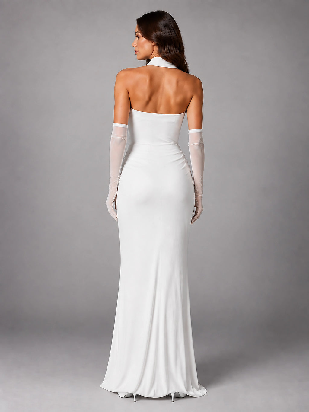 Women's Satin Evening Gown – Cowl Neck with Matching Gloves - White