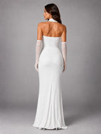 Women's Satin Evening Gown – Cowl Neck with Matching Gloves - White