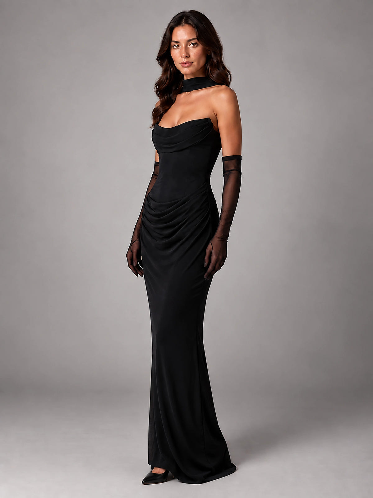 Women's Satin Evening Gown – Cowl Neck with Matching Gloves - Black