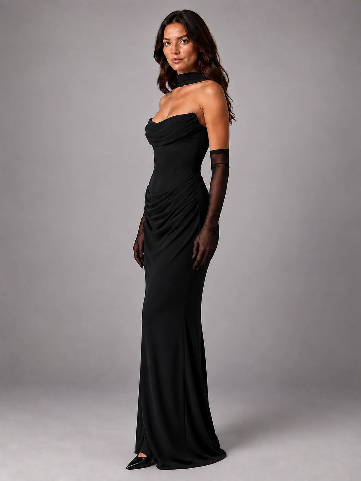 Women's Satin Evening Gown – Cowl Neck with Matching Gloves - Black
