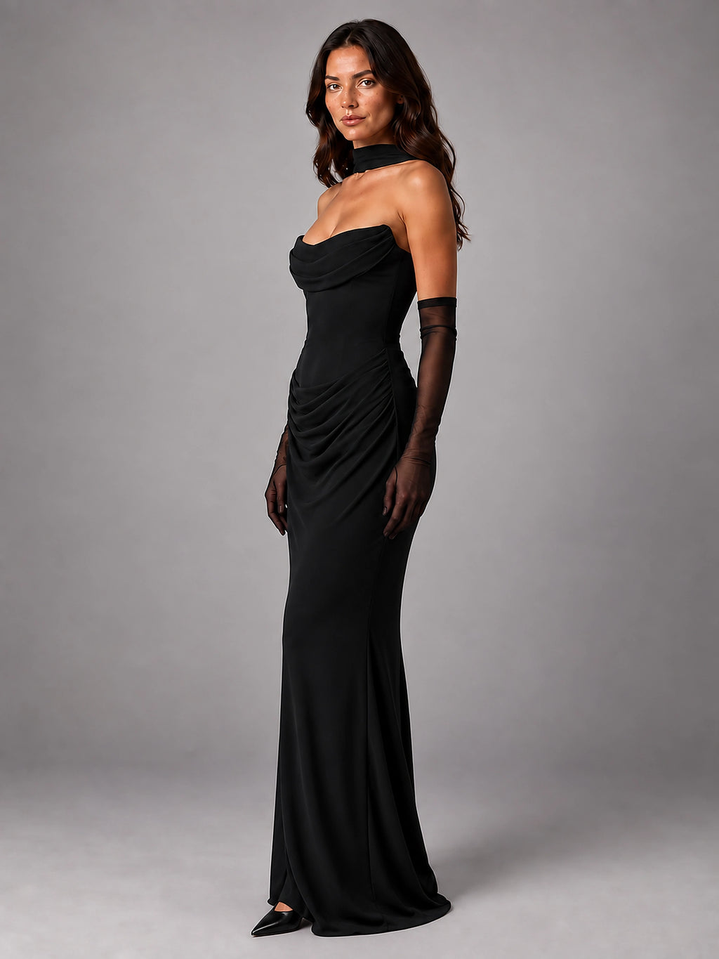 Women's Satin Evening Gown – Cowl Neck with Matching Gloves - Black