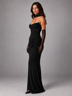 Women's Satin Evening Gown – Cowl Neck with Matching Gloves - Black