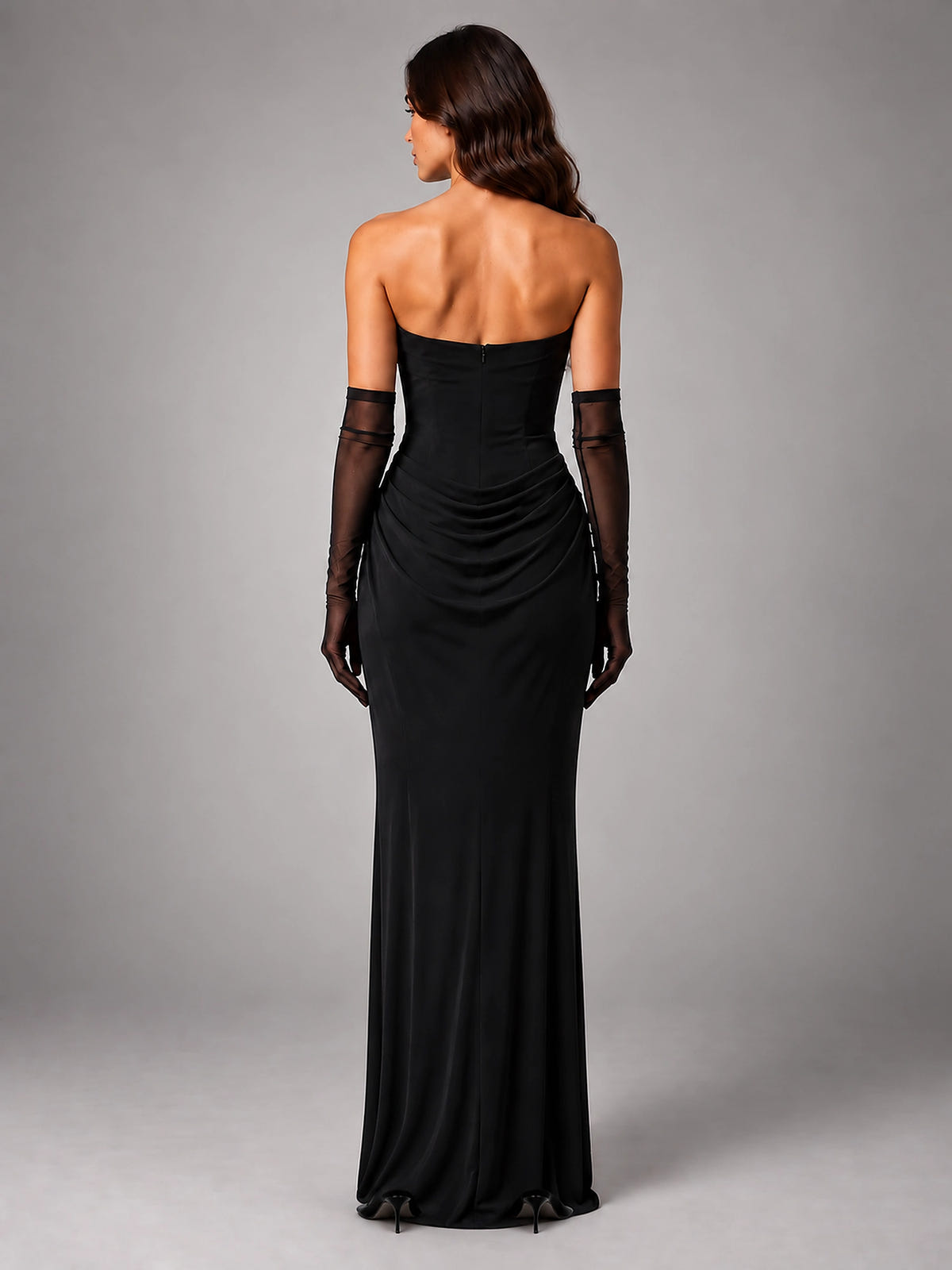 Women's Satin Evening Gown – Cowl Neck with Matching Gloves - Black