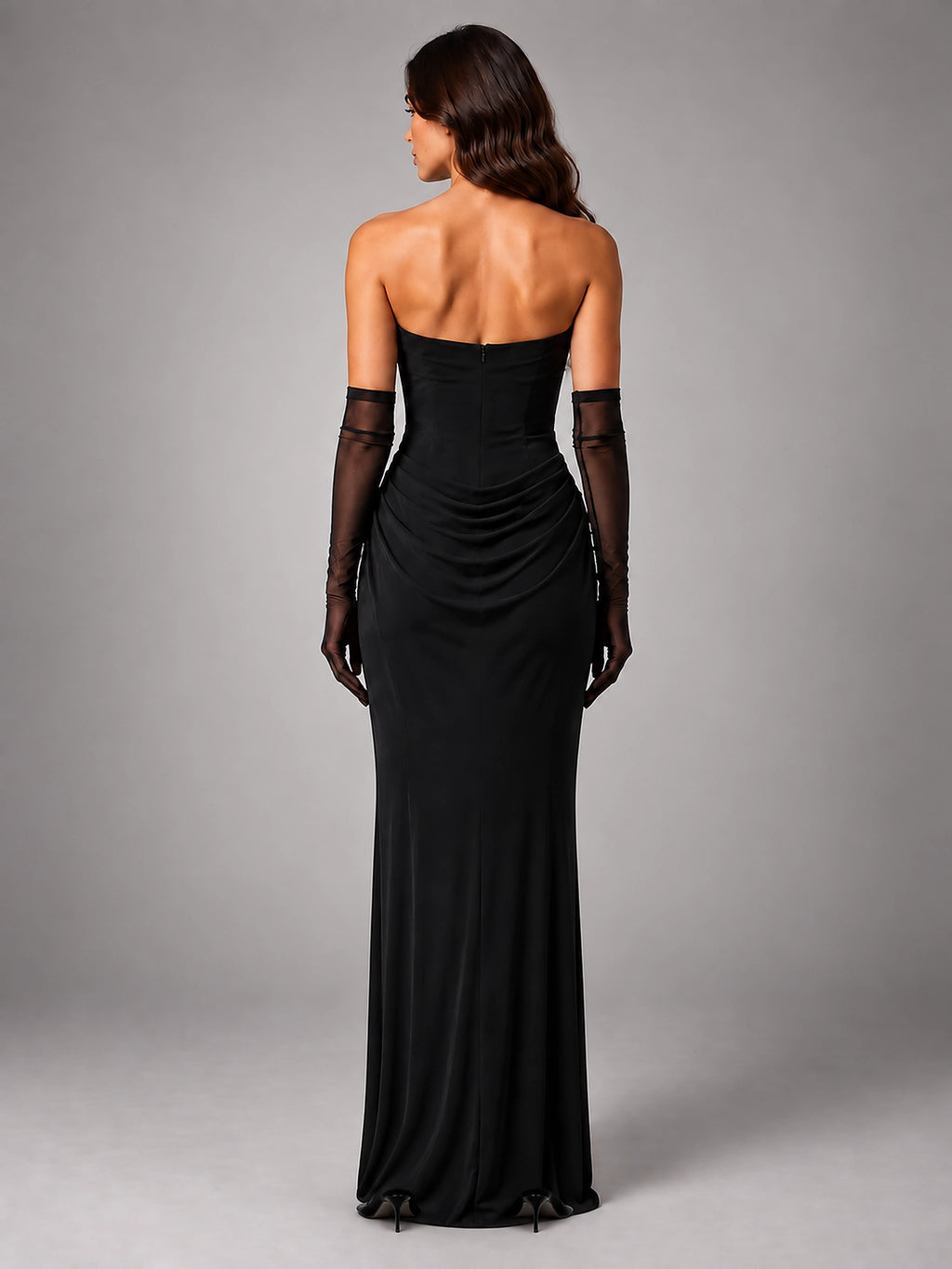 Women's Satin Evening Gown – Cowl Neck with Matching Gloves - Black