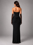 Women's Satin Evening Gown – Cowl Neck with Matching Gloves - Black