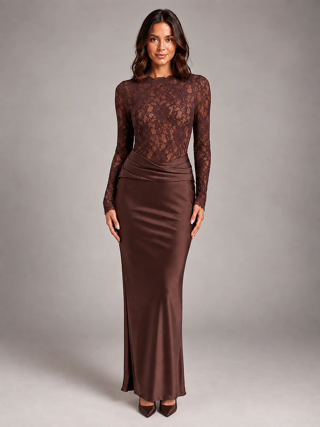 Women's Lace Maxi Dress – Boat Neck with Wrapped Waist - Brown