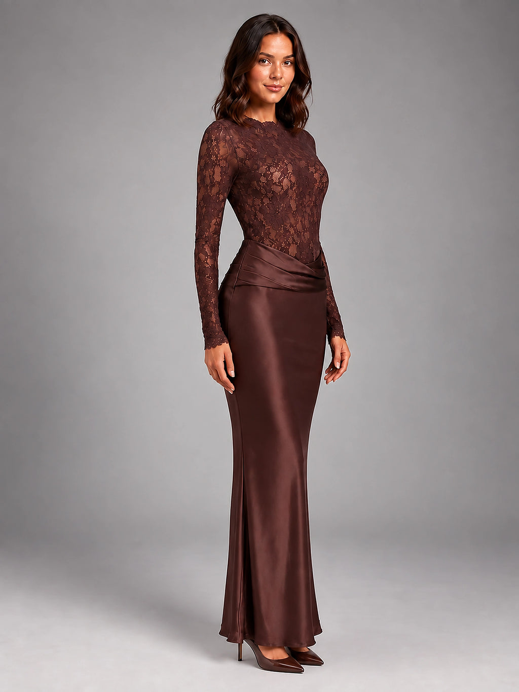 Women's Lace Maxi Dress – Boat Neck with Wrapped Waist - Brown