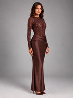 Women's Lace Maxi Dress – Boat Neck with Wrapped Waist - Brown