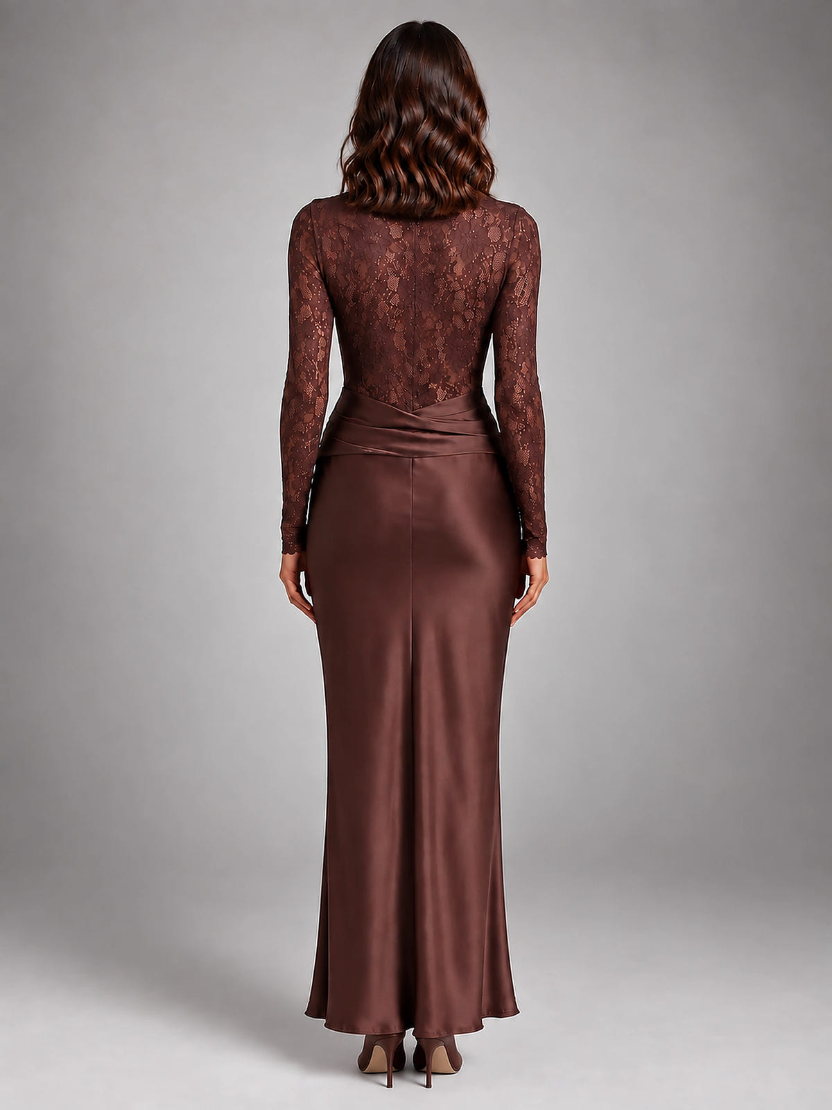 Women's Lace Maxi Dress – Boat Neck with Wrapped Waist - Brown