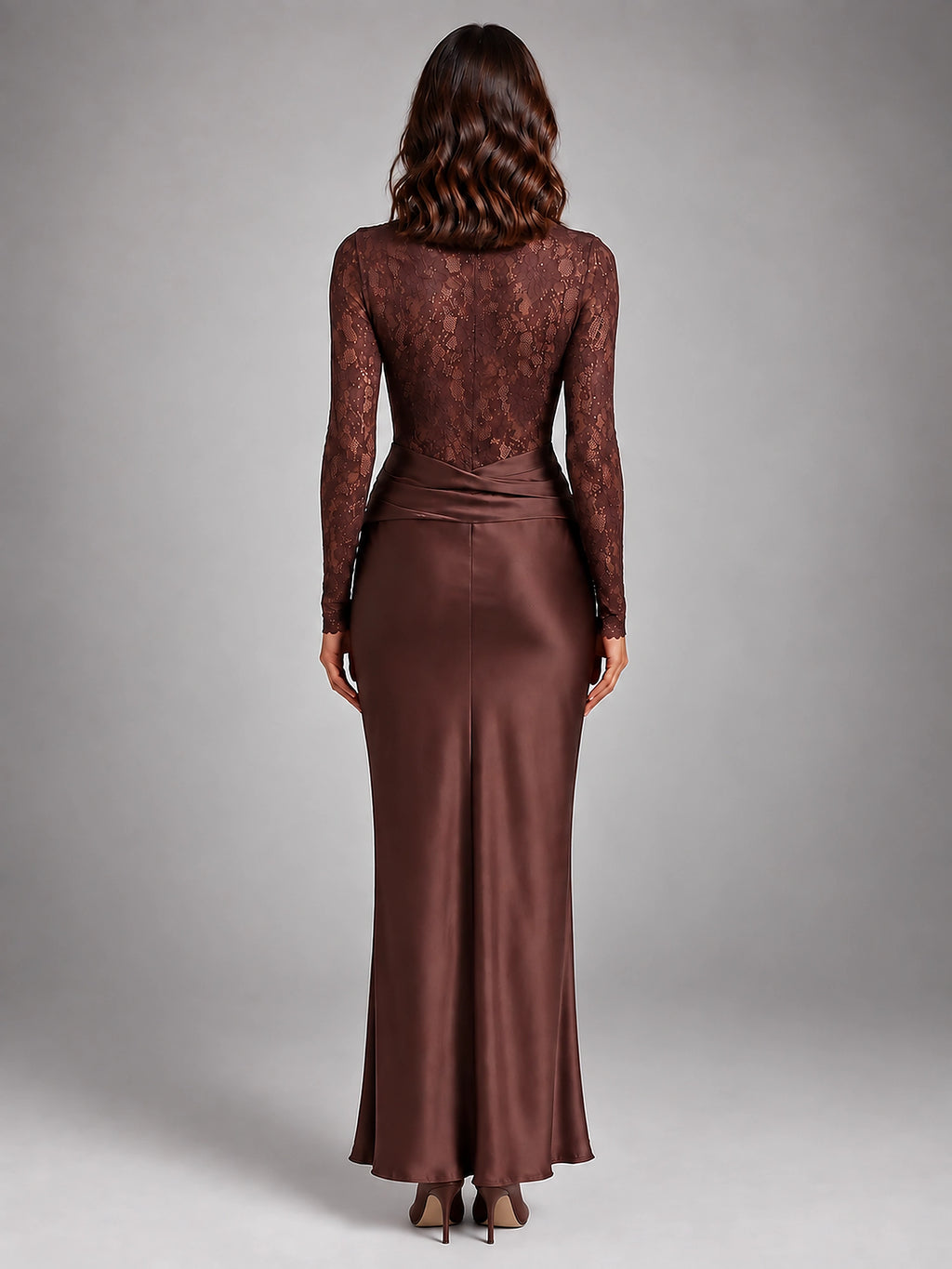 Women's Lace Maxi Dress – Boat Neck with Wrapped Waist - Brown