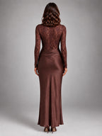 Women's Lace Maxi Dress – Boat Neck with Wrapped Waist - Brown