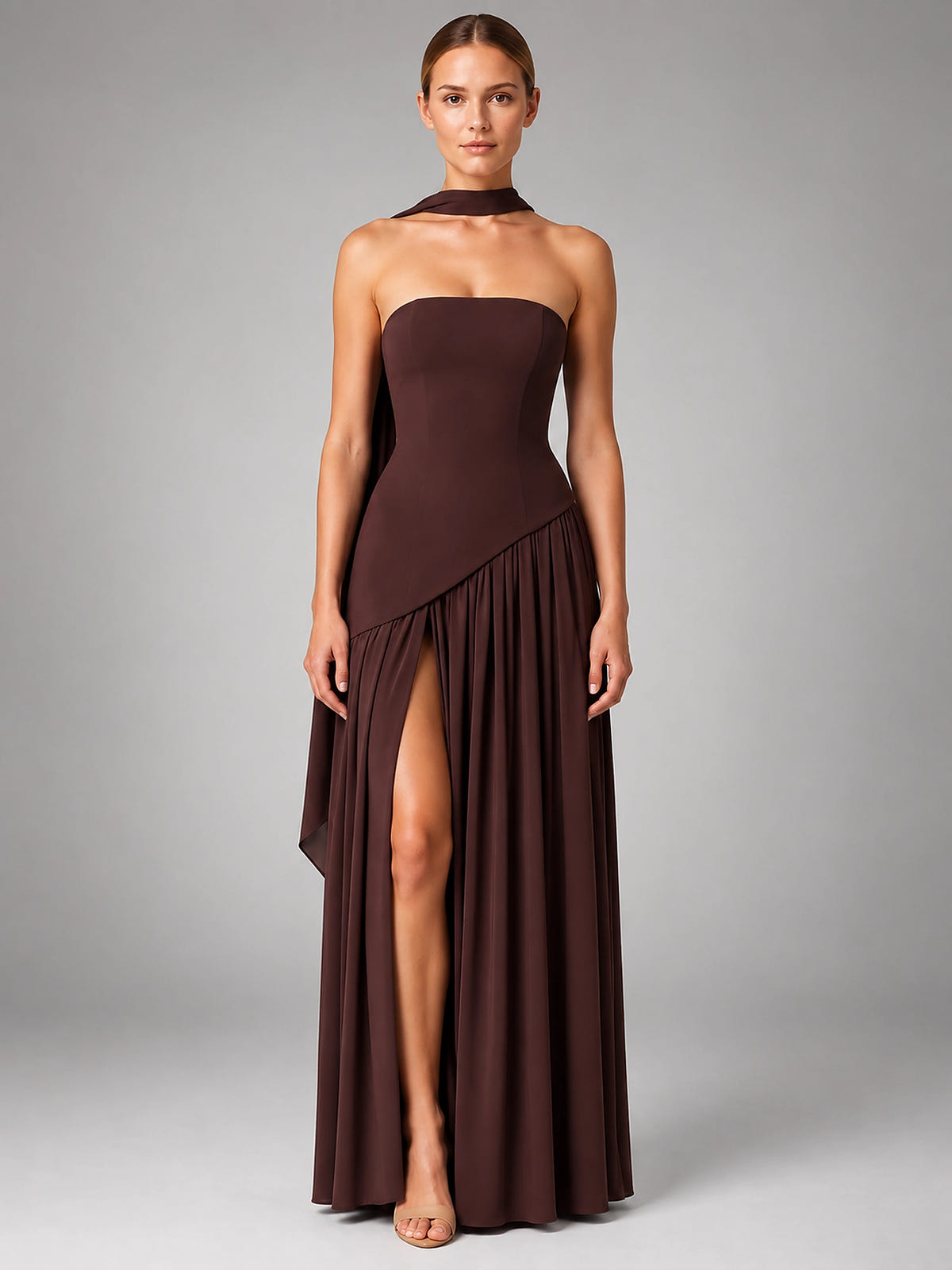 Women's Strapless Corset Gown – High Side Slit Shoulder Tie - Brown