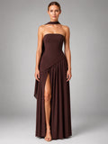 Women's Strapless Corset Gown – High Side Slit Shoulder Tie - Brown