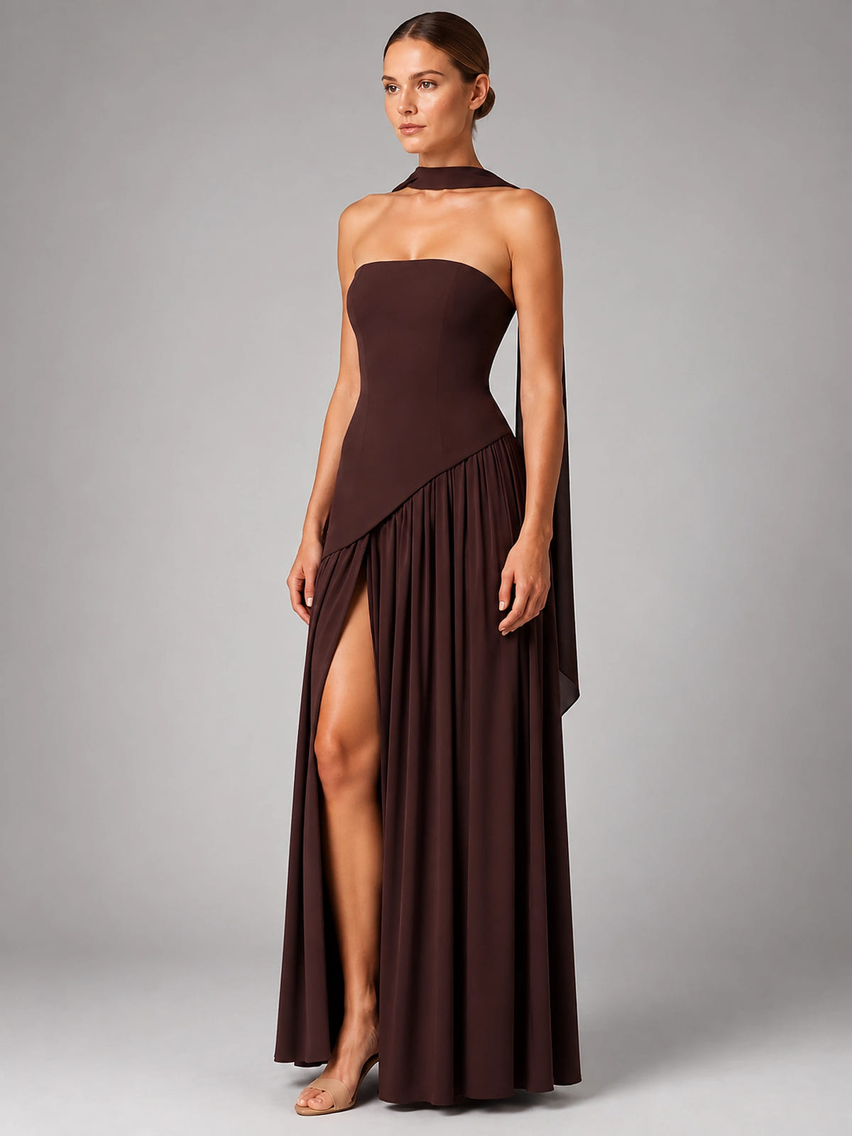 Women's Strapless Corset Gown – High Side Slit Shoulder Tie - Brown