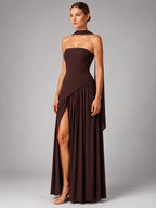 Women's Strapless Corset Gown – High Side Slit Shoulder Tie - Brown