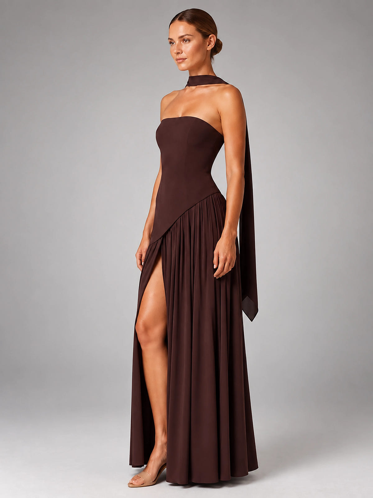 Women's Strapless Corset Gown – High Side Slit Shoulder Tie - Brown