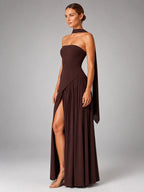 Women's Strapless Corset Gown – High Side Slit Shoulder Tie - Brown