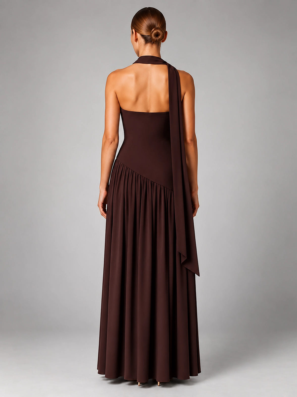 Women's Strapless Corset Gown – High Side Slit Shoulder Tie - Brown