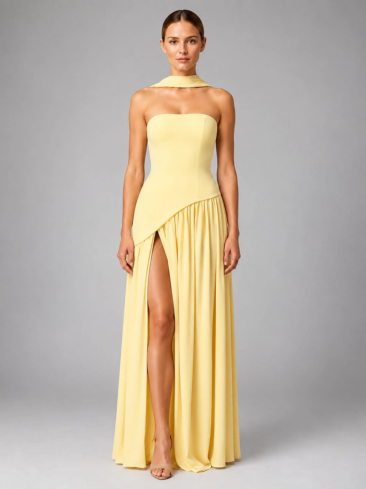 Women's Strapless Corset Gown – High Side Slit Shoulder Tie - Butter Yellow