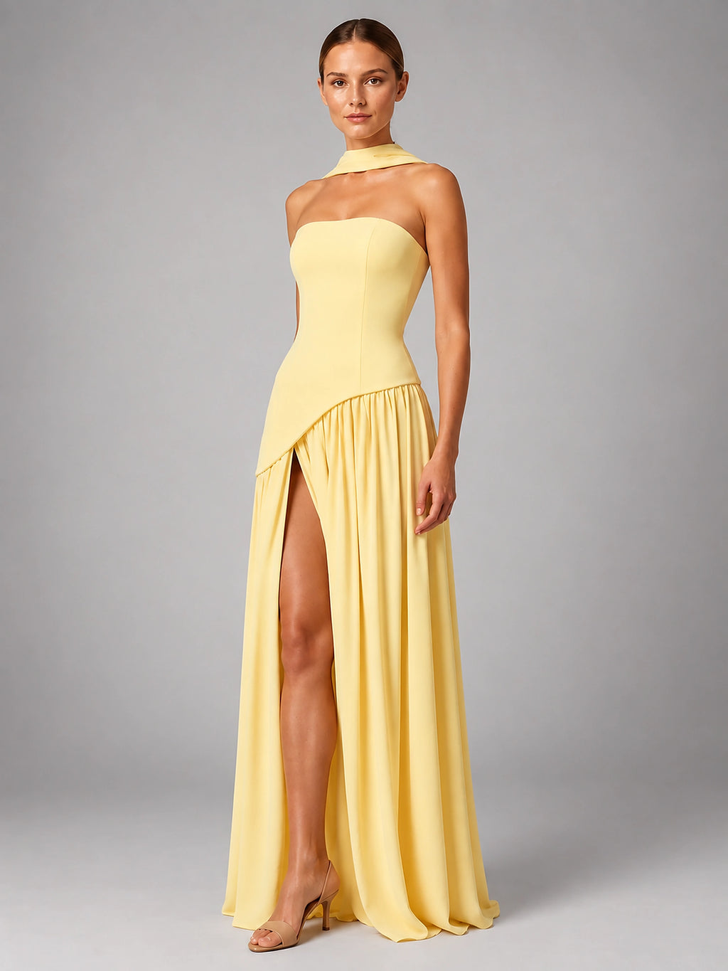 Women's Strapless Corset Gown – High Side Slit Shoulder Tie - Butter Yellow