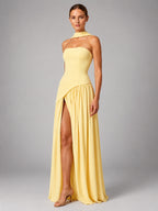 Women's Strapless Corset Gown – High Side Slit Shoulder Tie - Butter Yellow
