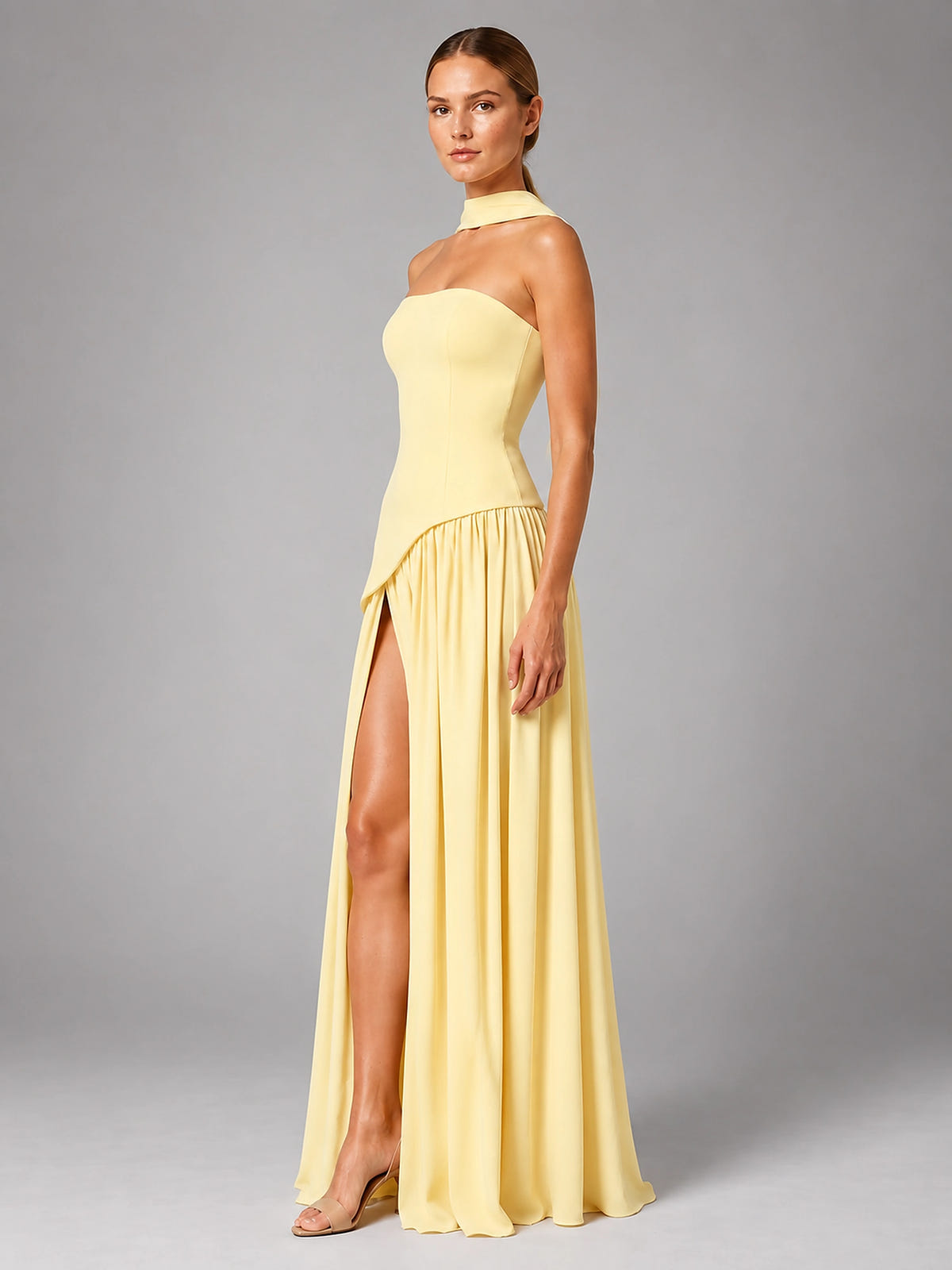 Women's Strapless Corset Gown – High Side Slit Shoulder Tie - Butter Yellow