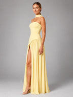 Women's Strapless Corset Gown – High Side Slit Shoulder Tie - Butter Yellow