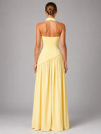 Women's Strapless Corset Gown – High Side Slit Shoulder Tie - Butter Yellow