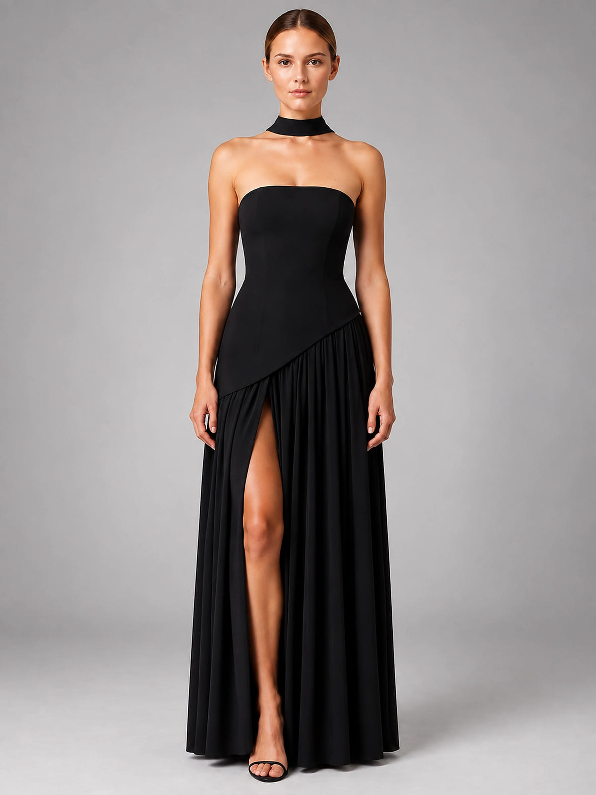 Women's Strapless Corset Gown – High Side Slit Shoulder Tie - Black