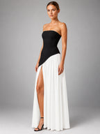 Women's Strapless Corset Gown – High Side Slit Shoulder Tie - Black