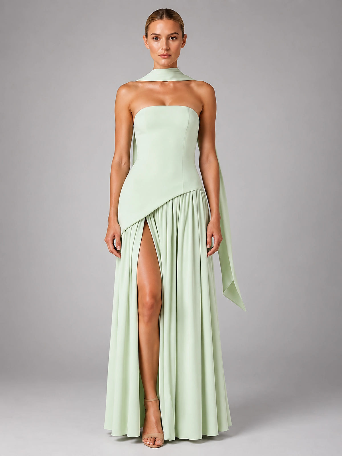 Women's Strapless Corset Gown – High Side Slit Shoulder Tie - Mint
