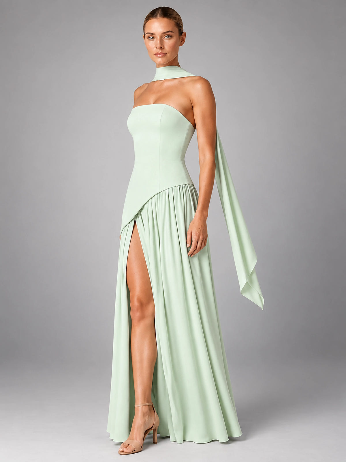 Women's Strapless Corset Gown – High Side Slit Shoulder Tie - Mint