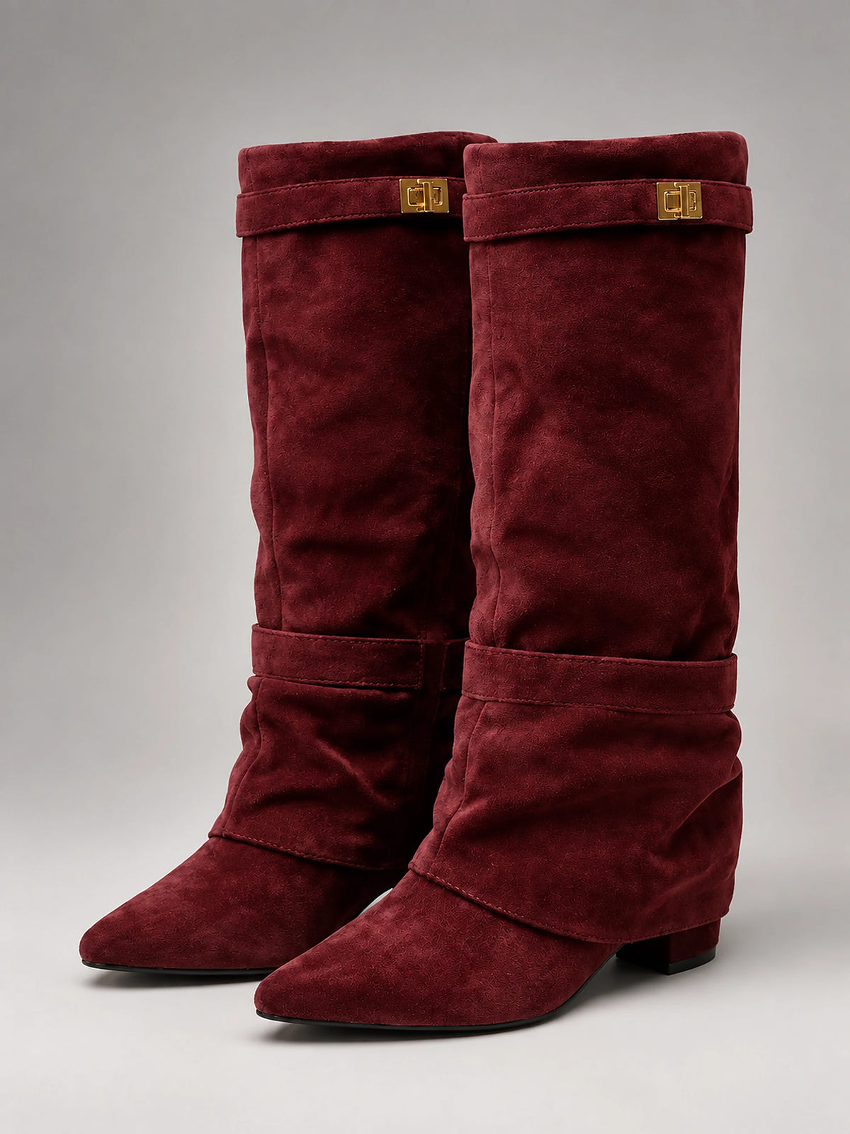 Women's Faux Suede Knee High Boots – Slouchy Block Heel - Wine