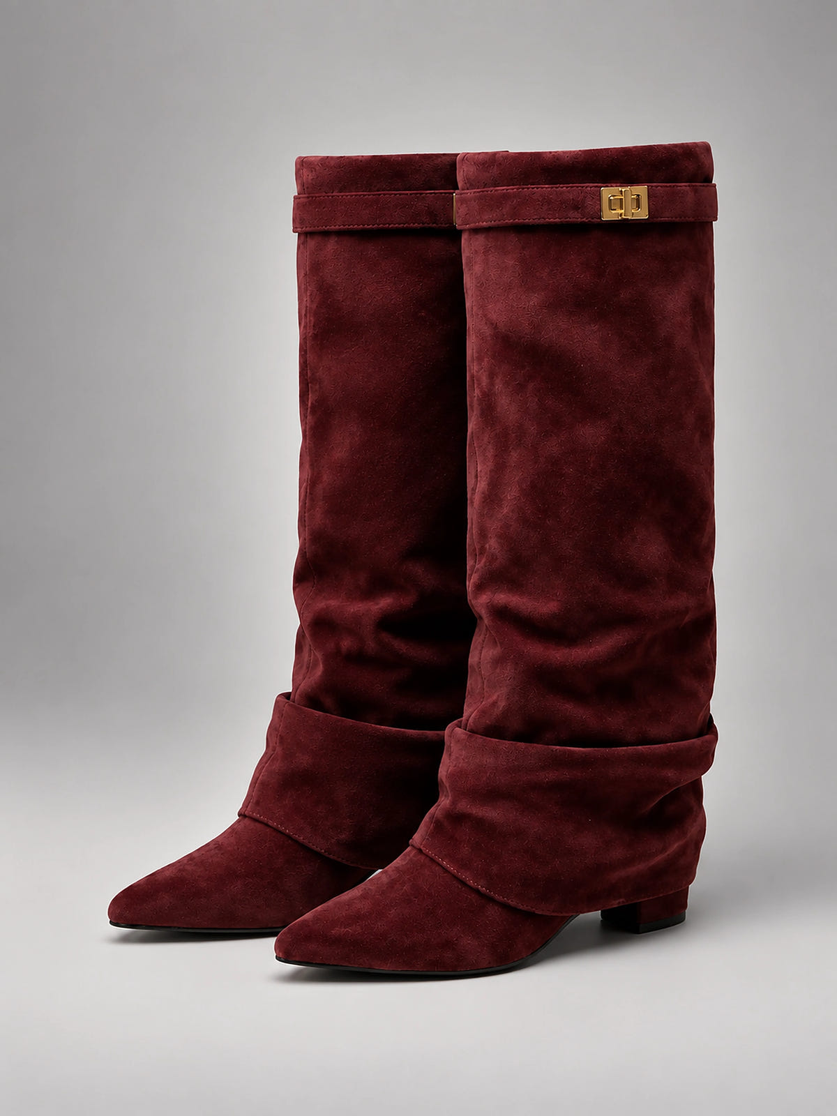 Women's Faux Suede Knee High Boots – Slouchy Block Heel - Wine