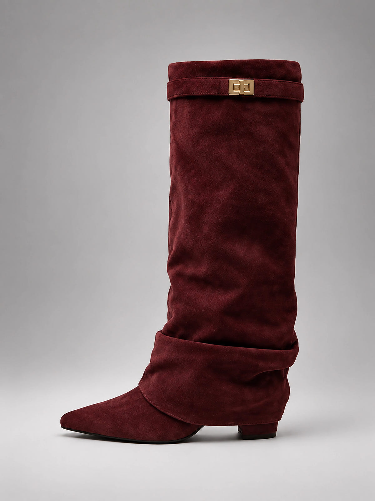 Women's Faux Suede Knee High Boots – Slouchy Block Heel - Wine