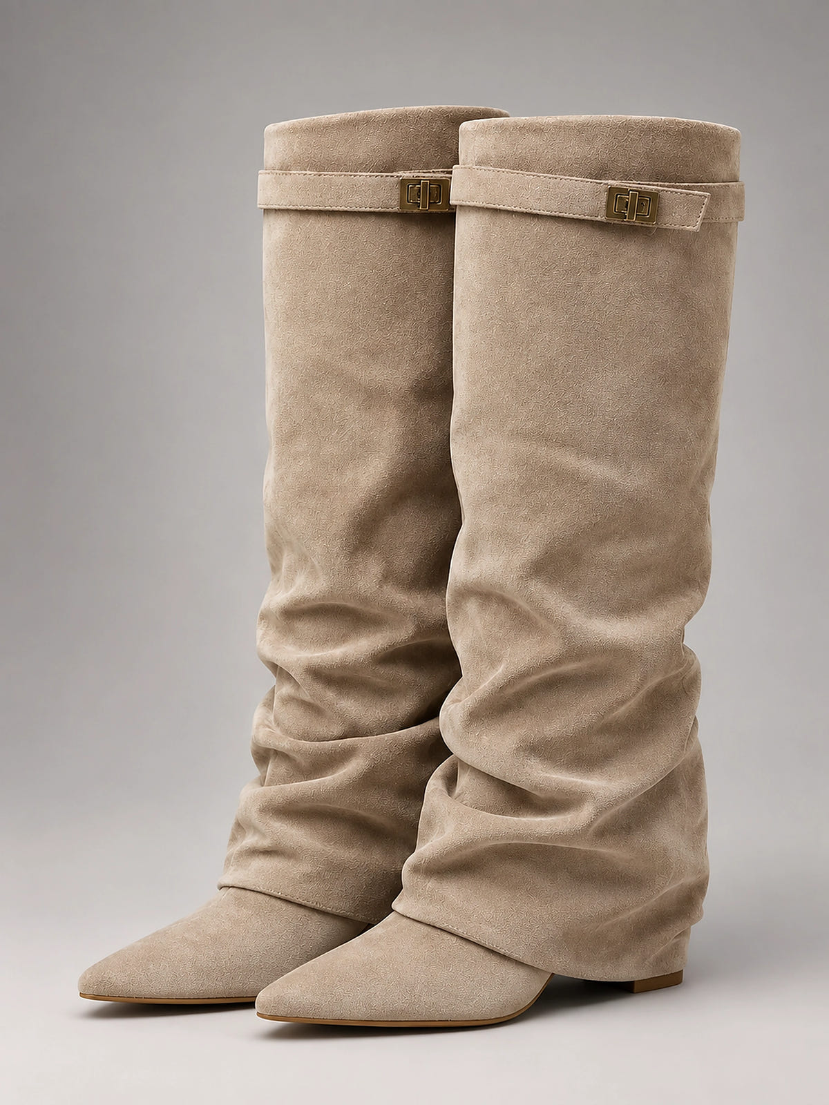 Women's Faux Suede Knee High Boots – Slouchy Block Heel - Beige