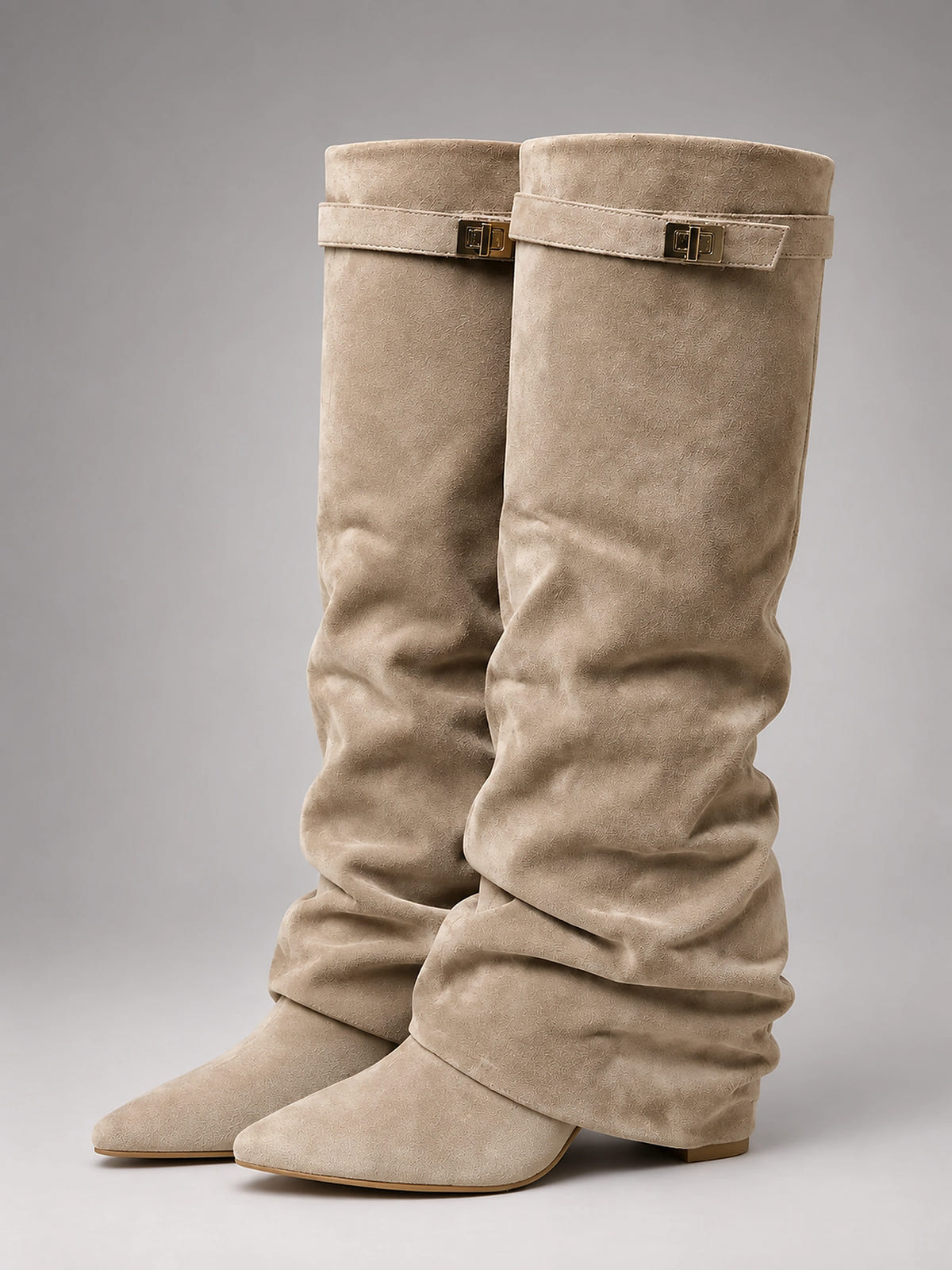 Women's Faux Suede Knee High Boots – Slouchy Block Heel - Beige