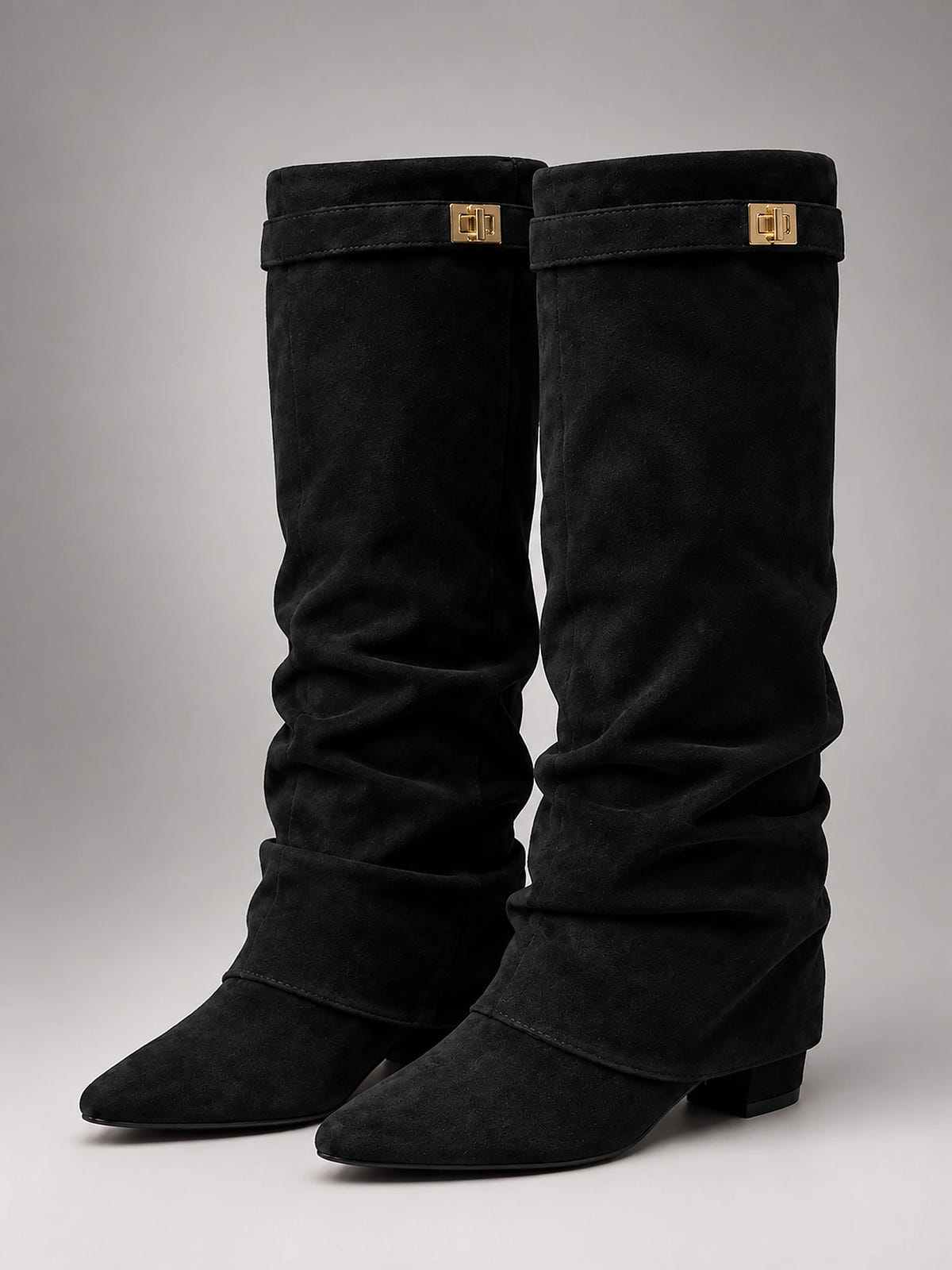 Women's Faux Suede Knee High Boots – Slouchy Block Heel - Black