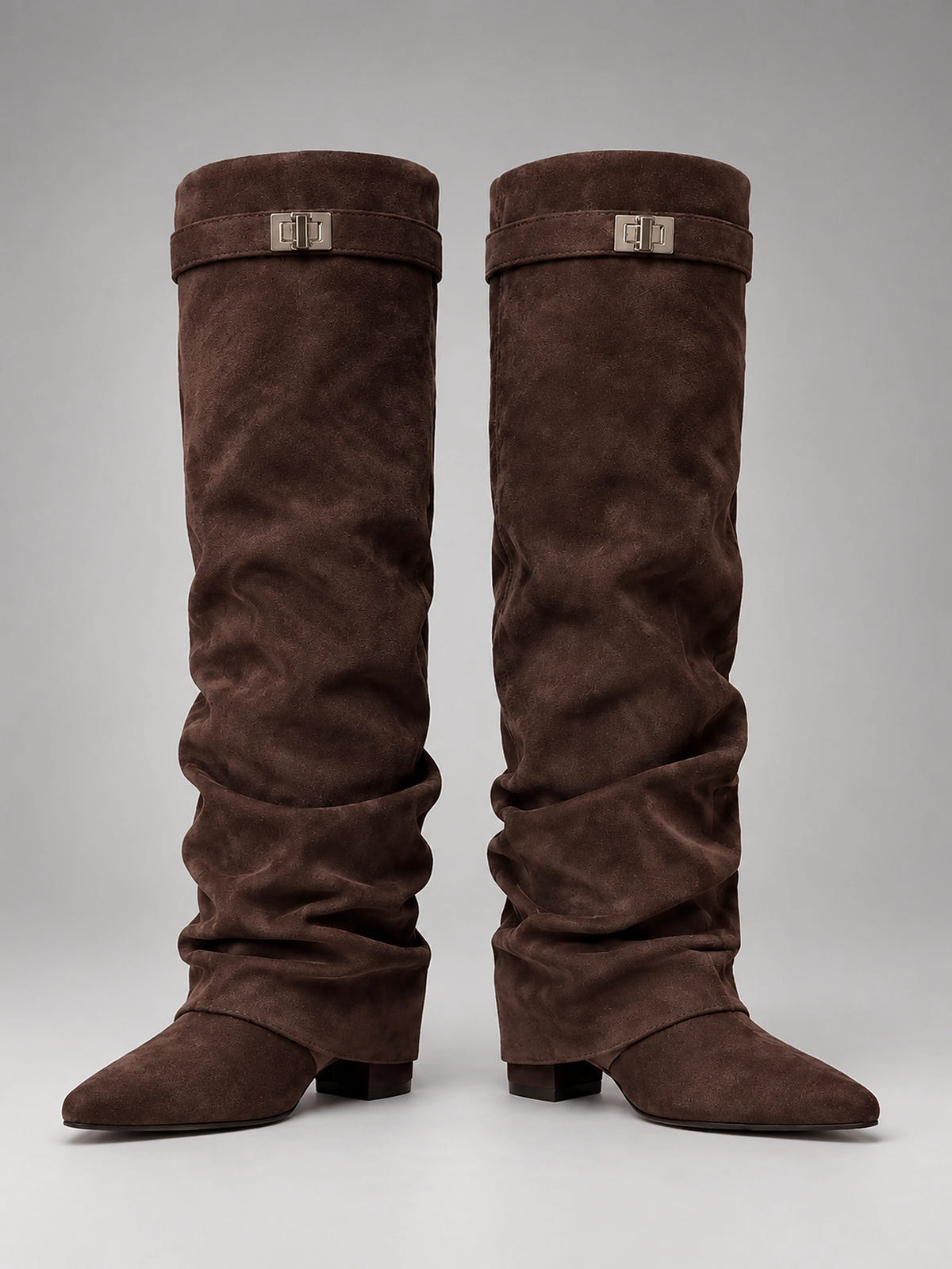 Women's Faux Suede Knee High Boots – Slouchy Block Heel - Cedar Brown