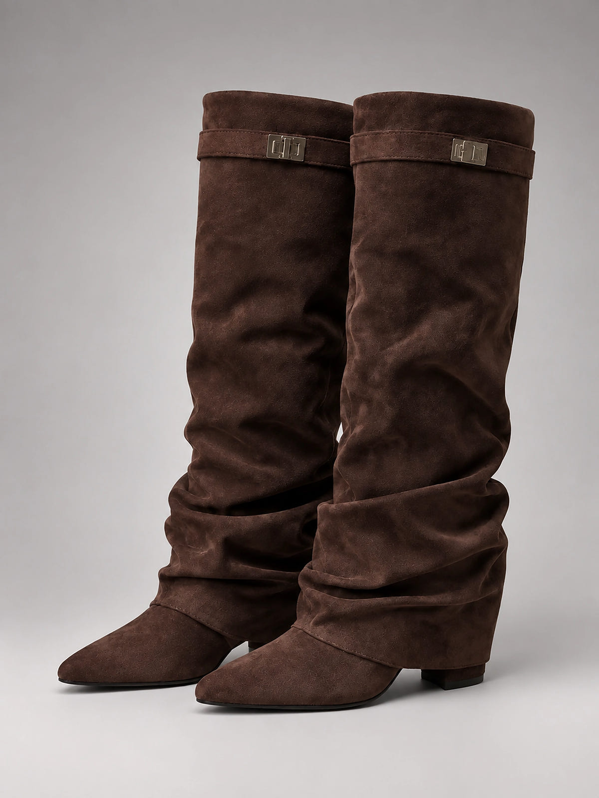 Women's Faux Suede Knee High Boots – Slouchy Block Heel - Cedar Brown