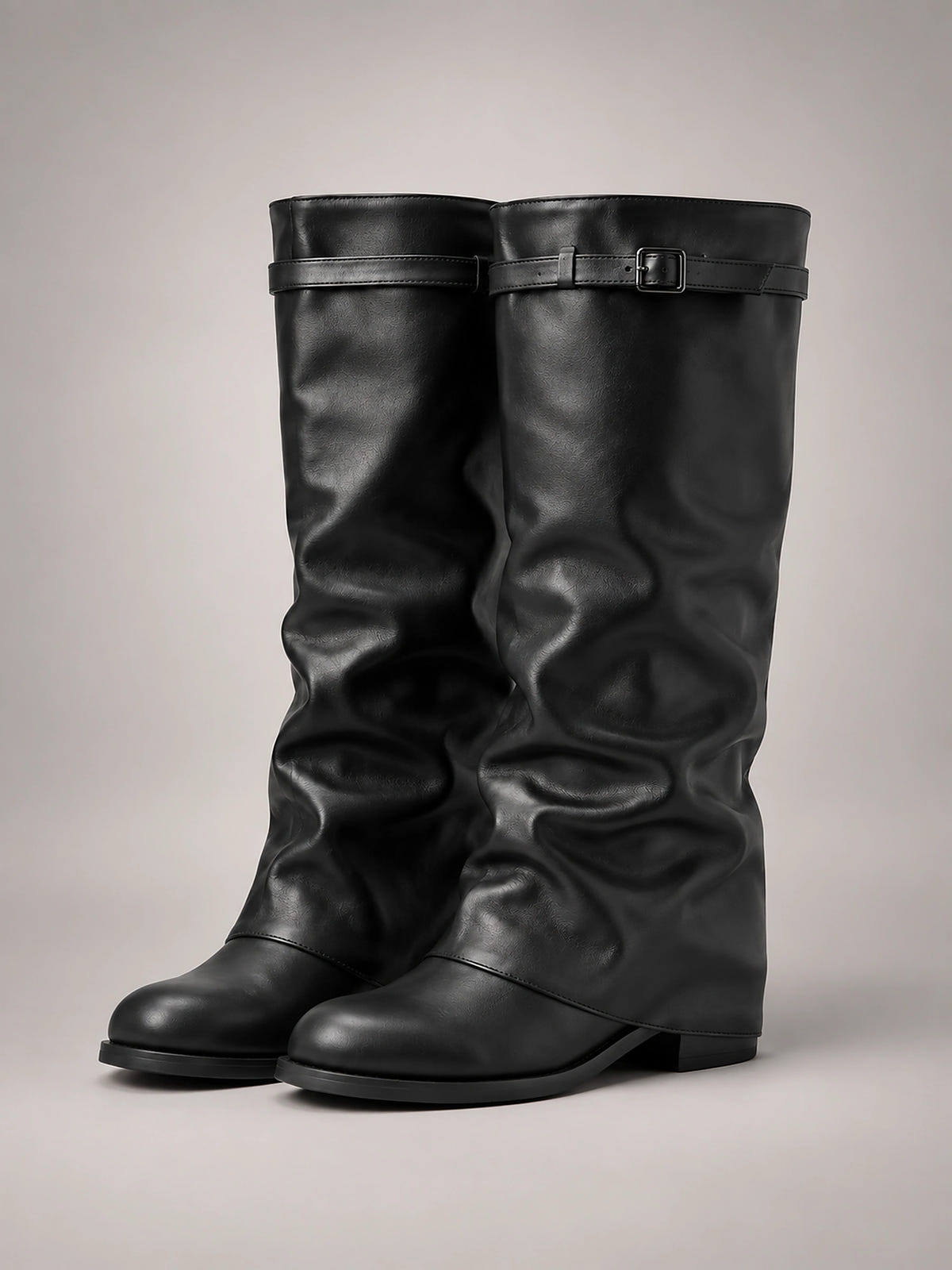Women's Slouchy Knee High Boots – Buckle Cuff Block Heel - Black
