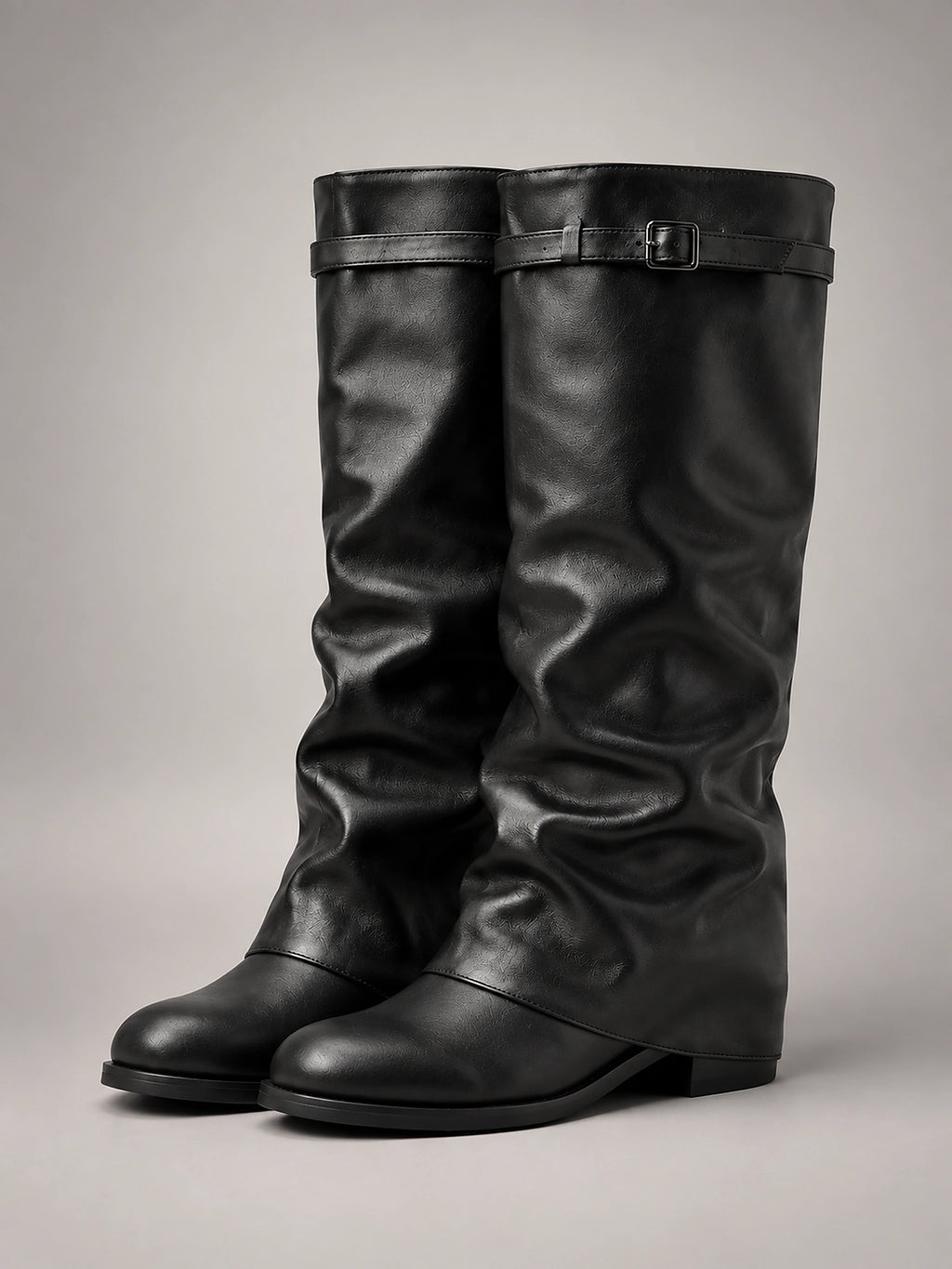Women's Slouchy Knee High Boots – Buckle Cuff Block Heel - Black