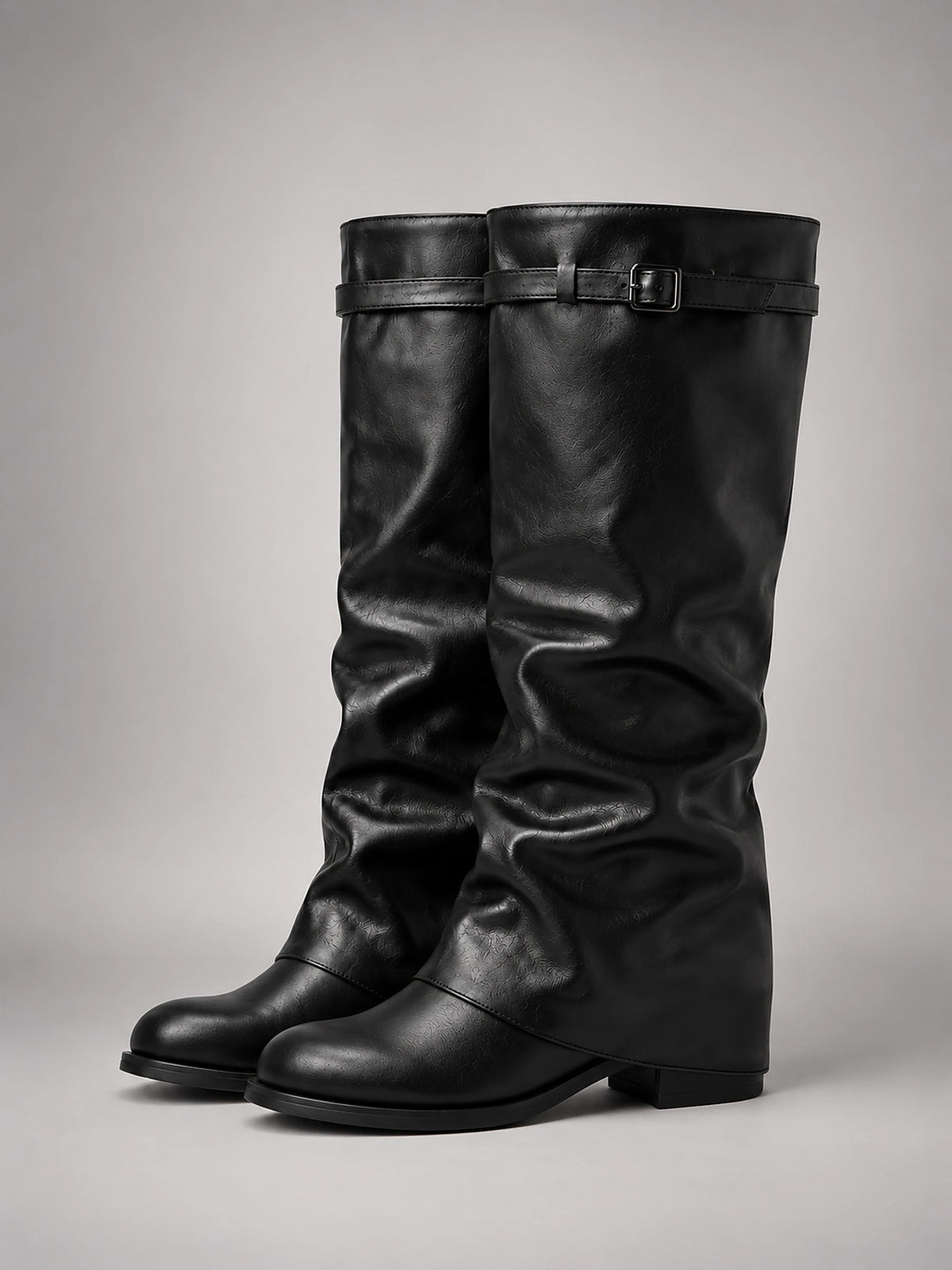 Women's Slouchy Knee High Boots – Buckle Cuff Block Heel - Black