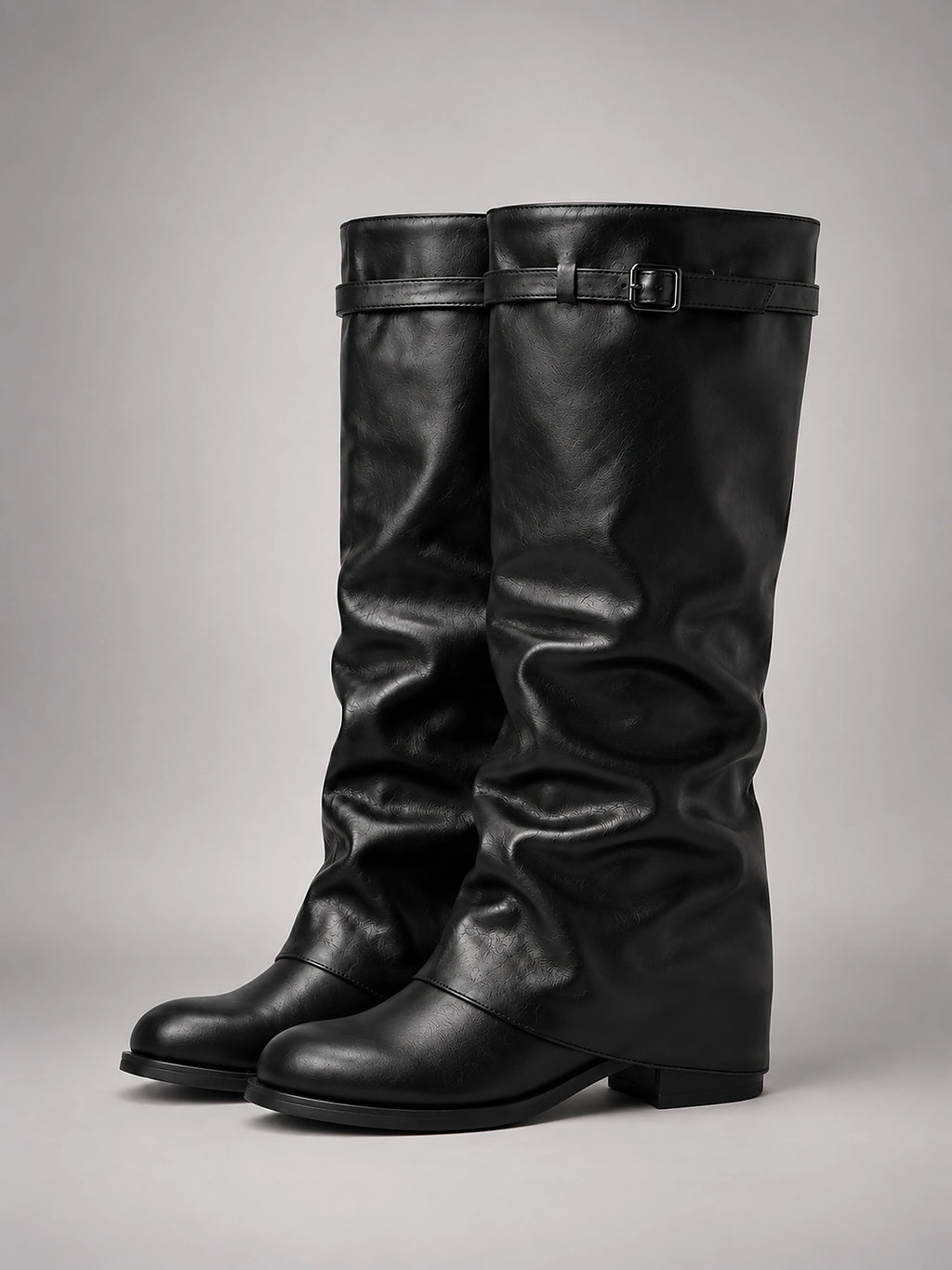Women's Slouchy Knee High Boots – Buckle Cuff Block Heel - Black